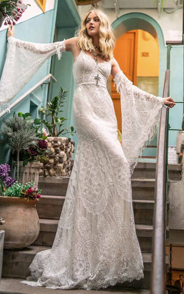 Elegant Floral Mermaid Detachable Bell Sleeves Boho Lace Wedding Dress Elopement Romantic Garden Beach Spaghetti Straps Bridal Gown