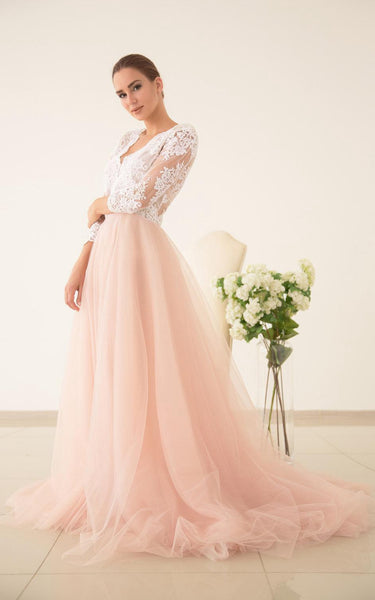 Peach Floral Bohemian Lace A-Line Wedding Dress Vintage Romantic Tulle Scalloped V-Neck Illusion Sleeves Pink Bridal Gown