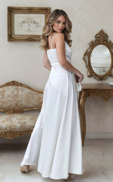 White Simple Casual A-Line Split Front Wedding Dress Beautiful Minimalist Spaghetti Straps Zipper Back Maxi Bridal Gown