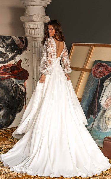 Modest Fairy Sweetheart A-Line Boho Lace Wedding Dress Flowy Floral Puff Sleeves Court Train Bridal Gown