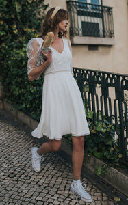 Short Simple Casual A-Line Boho Lace Mini Wedding Dress Vintage Half Sleeves Illusion Back Scalloped Neckline Bridal Gown