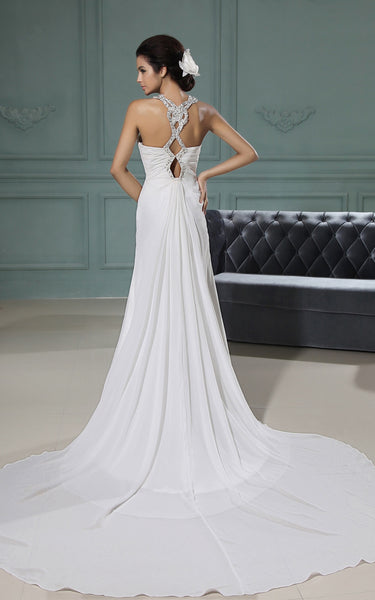 Modest Elegant Sheath Halter Neckline Wedding Dress Unique Criss-Cross Split Front Chapel Train Bridal Gown