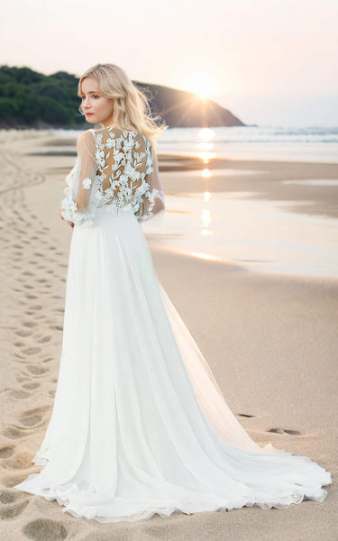 Ethereal Floral Beach A-Line Bohemian 3D Lace Flower Wedding Dress with Sleeves Modest Elegant Court Train Bridal Gown