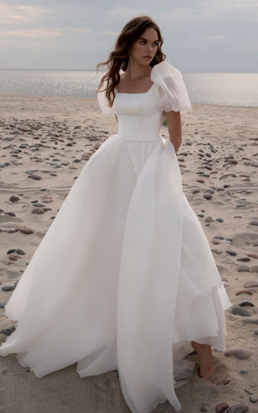 Beach Modest Simple Puff Short Sleeves Wedding Dress Princess Minimalist A-Line Tulle Satin Bridal Gown with Train