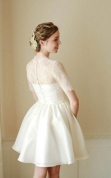 Modest Elegant Short High Neck A-Line Boho Wedding Dress Floral Romantic Mini Lace Satin Button Back Bridal Gown