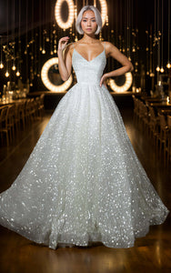 Sparkly Glitter Princess A-Line Spaghetti Straps Wedding Dress Sexy Ethereal Modern Floor-Length Low Back Bridal Ball Gown