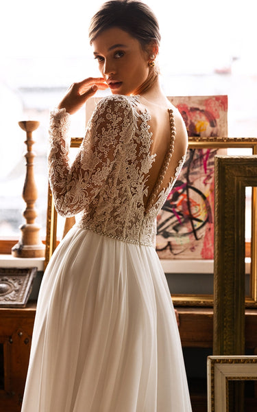 Ethereal Princess Boho Lace A-Line Wedding Dress with Sleeves Floral Garden Beach V-Neck Court Train Bridal Gown