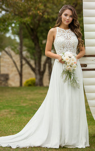 Elegant Floral A-Line High Neck Boho Wedding Dress Romantic Flowy Beach Garden Chiffon Lace Sweep Train Bridal Gown