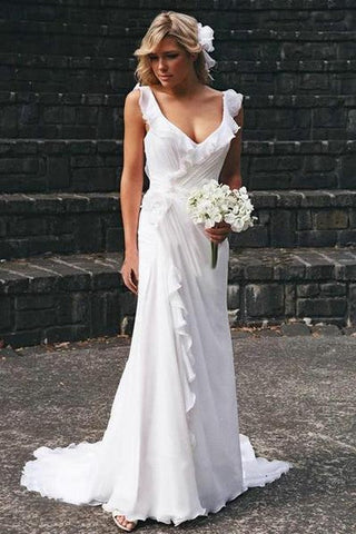 Vintage Elegant V-Neck Chiffon Sheath Wedding Dress Rustic Country Beach Backless Sleeveless Bridal Gown with Train