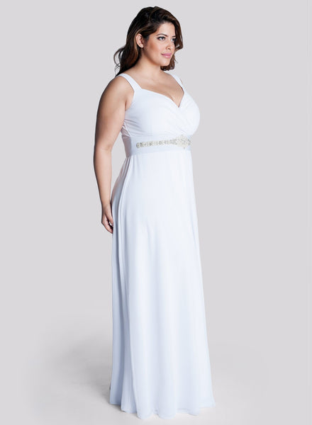 Modest Simple Plus Size Sheath Maxi Wedding Dress Minimalist Casual Beading Ruched Bridal Gown with Waist Jewelry