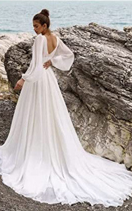 Beach Modest Elegant A-Line Split Front Wedding Dress Simple Casual Flowy Puff Long Sleeves V-Neck Bridal Gown with Train