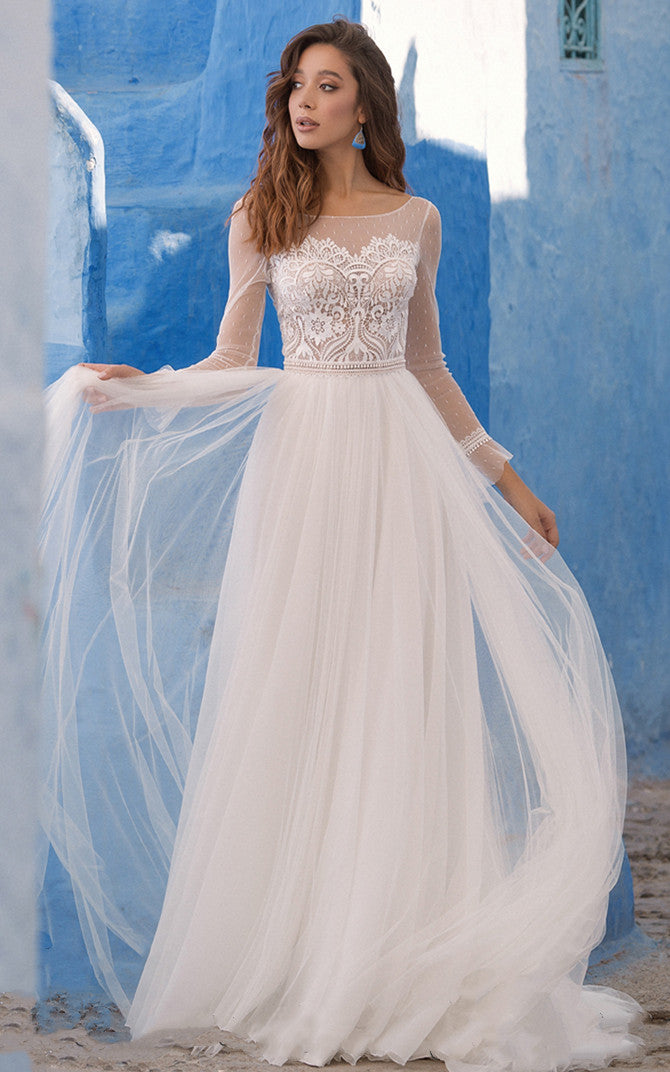 Beach Bohemian Floral Lace Illusion Sleeves A-Line Wedding Dress Tulle Floor Length Bateau Neckline Bridal Gown