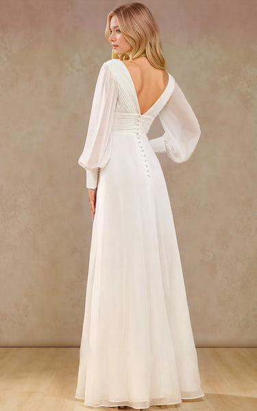 Modest Casual A-Line Maxi Wedding Dress with Sleeves Simple Enchanted Plunging Flowy Chiffon Bridal Reception Gown with Ruffle