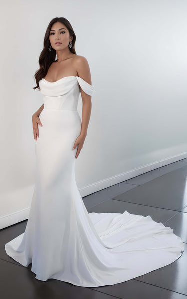 Modest Elegant Mermaid Off-the-Shoulder Satin Wedding Dress Simple Casual Sleeveless Fitted Bridal Gown