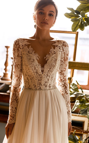 Ethereal Princess Boho Lace A-Line Wedding Dress with Sleeves Floral Garden Beach V-Neck Court Train Bridal Gown