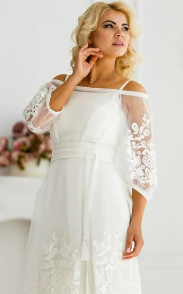 Floral Boho Lace A-Line Off-the-Shoulder Dress for Wedding Vintage Modest Tea-Length 3/4 Length Sleeve Bridal Gown