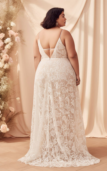 Floral Beach Plus Size Casual A-Line Boho Lace Maxi Wedding Dress with Plunging Neckline and Empire Waist