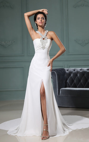 Modest Elegant Sheath Halter Neckline Wedding Dress Unique Criss-Cross Split Front Chapel Train Bridal Gown