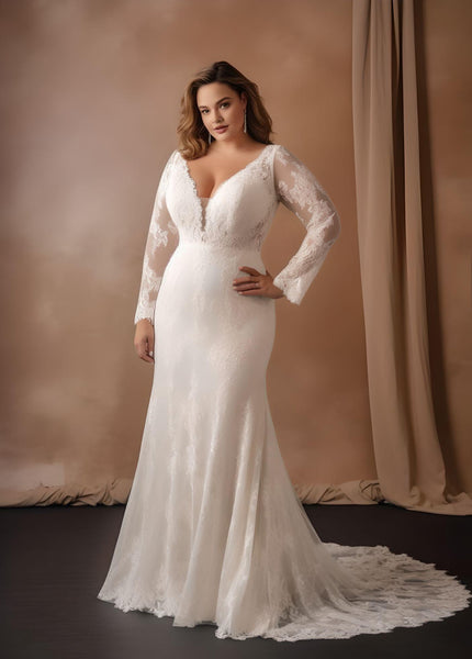 Sexy Plus Size Mermaid Boho Lace Wedding Dress Floral Illusion Long Sleeve Sweep Train Button Back Bridal Gown