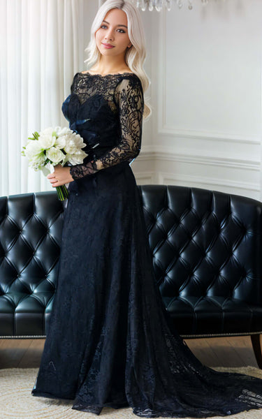 Gothic Black A-Line Boho Lace Bell Sleeves Wedding Dress Vintage Inspired Modest Sheath Bateau Neck Appliqued Bridal Gown