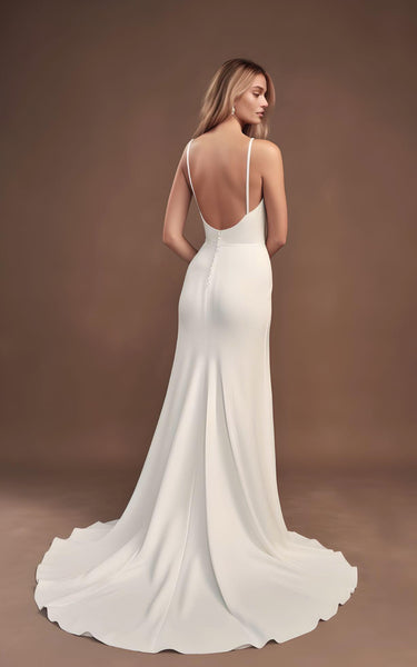 Classic Mermaid Spaghetti Straps Satin Wedding Dress Sexy Fit and Flare Backless Split Front Bridal Gown with Sweep Train