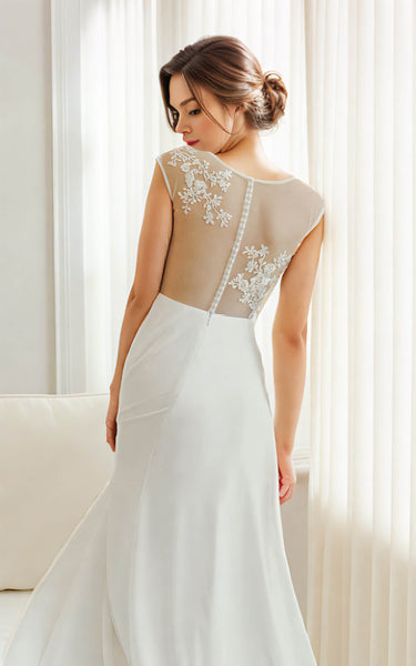 Modest Elegant Romantic A-Line Sweetheat Neckline Maxi Wedding Dress Floral Illusion Cap Sleeves Button Back Bridal Gown