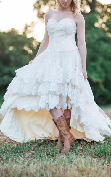 Vintage Modest Sweetheart Boho Lace A-Line High Low Wedding Dress Rustic Western Cowgirl Corset Tiered Bridal Gown