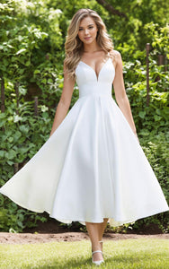 Simple Short Tea-Length Midi Satin Wedding Dress Casual Garden Beach Outdoor Minimalist Spaghetti Straps V-Neck Reception Bridal Gown