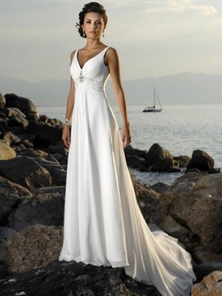 Empire V-neck Court Trains Sleeveless Chiffon Beach Wedding Dresses for Brides