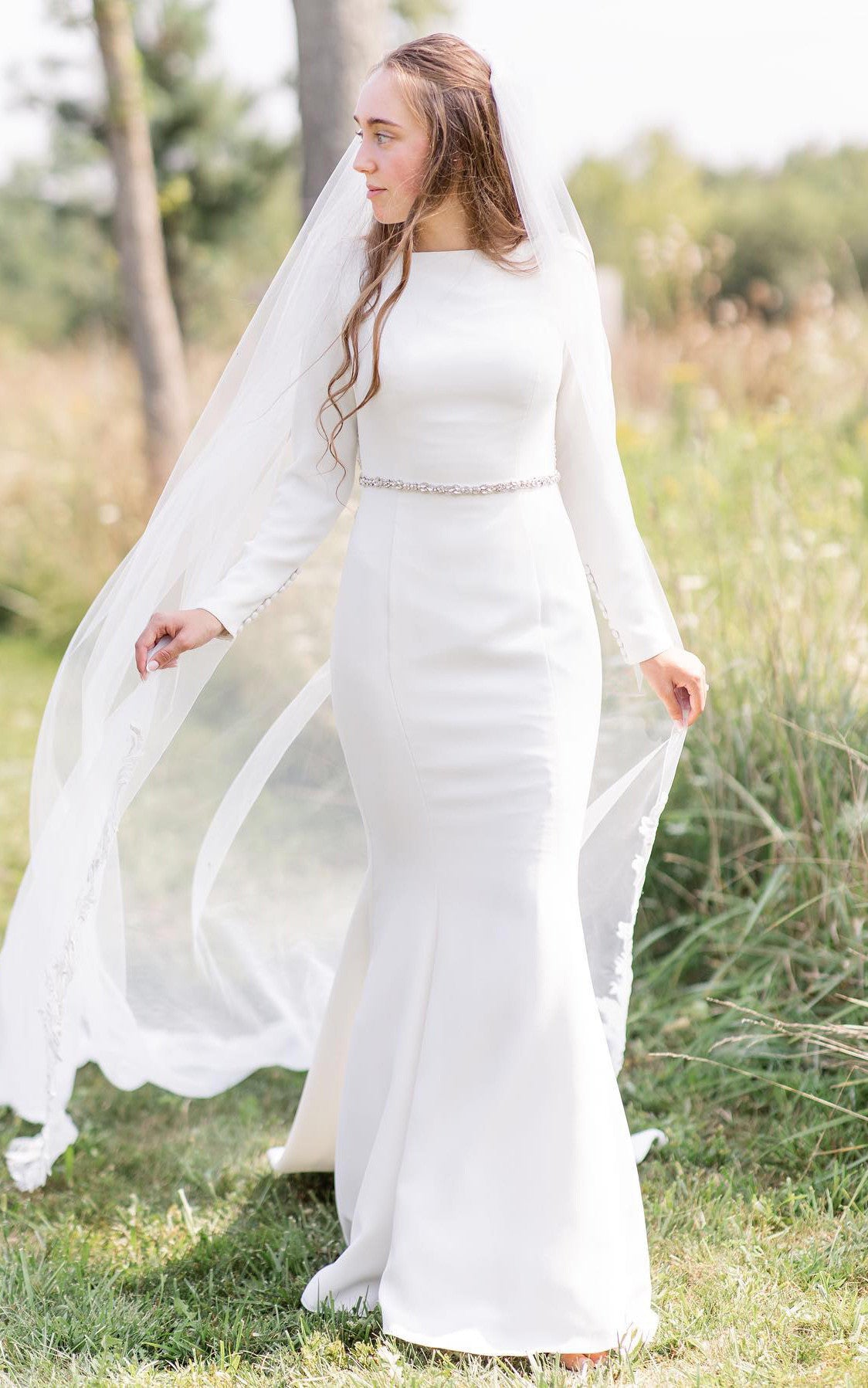 Adorable Mermaid Bateau Satin Wedding Dress With Long Sleeve And Sash