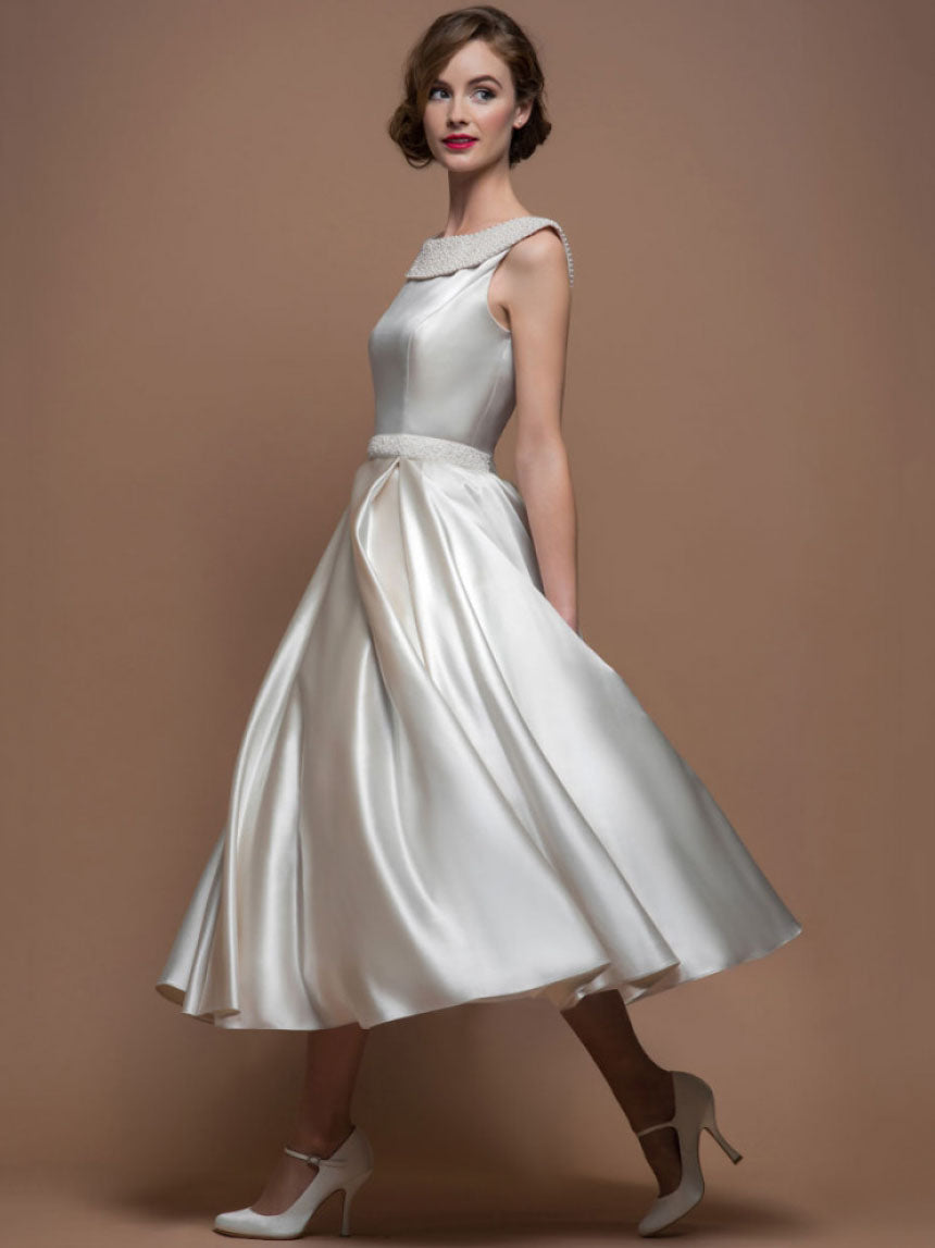 Bateau Sleeveless Satin Tea-length A-line Dress With jewels-MK_705290 ...