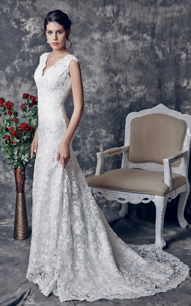 1920's Vintage-inspired V-shaped Back Cutout Brush Train Trumpet Wedding Dress