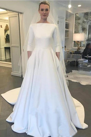 Modest Satin A-line 3/4 Sleeve Wedding Dress with Full Covered Back