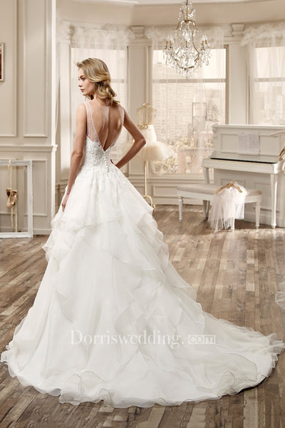 Jewel-Neck High-Low Wedding Dress With Cascading Ruffles And Beaded Bodice