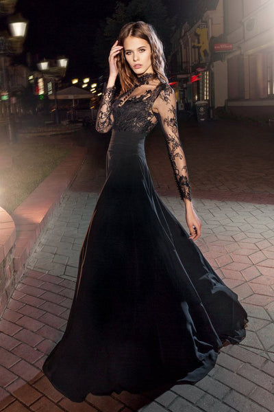 A-Line High Neck Long Sleeve Lace Chiffon Illusion Dress With Appliques