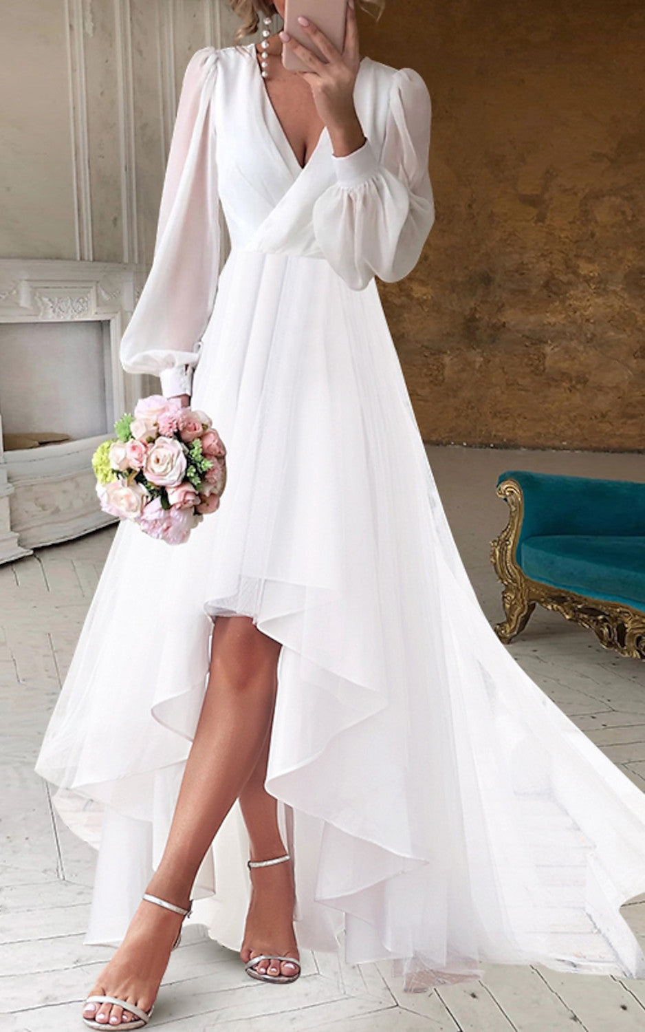 A-Line V-neck Chiffon Wedding Dress Simple Casual Sexy Adorable Beach summer With Zipper Back And Poet Long Sleeves 