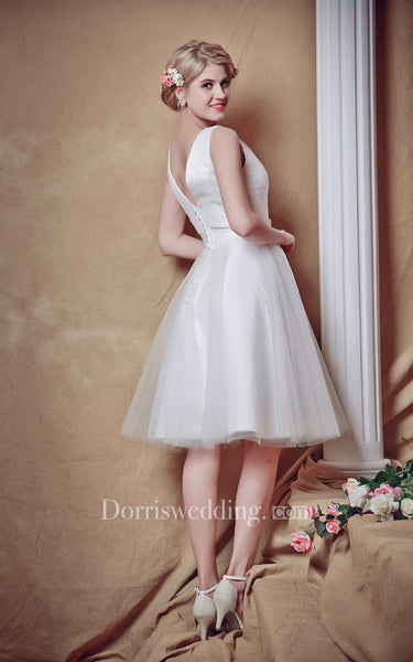 Glam Lovely Sleeveless V-neck Belted Short Wedding Dress