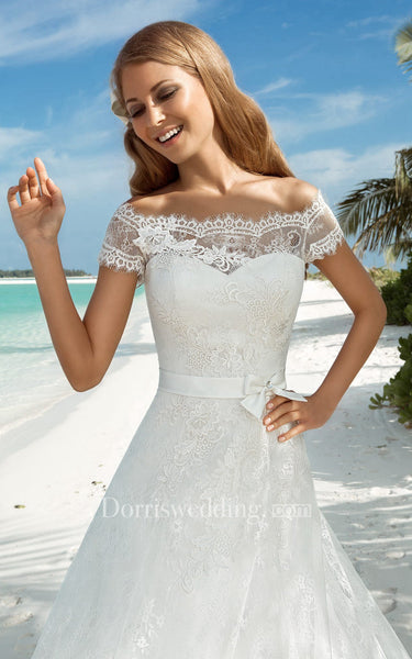 A-Line Long Off-The-Shoulder Short-Sleeve Corset-Back Lace Dress With Bow And Sash