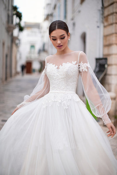Romantic Bateau Long Sleeve Floor Length Tulle Wedding Dress With Appl ...