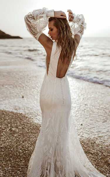 Casual Lace Plunging Neckline Mermaid Wedding Dress With Long Sleeve And Open Back