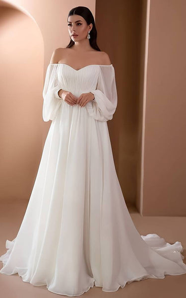 2023 A-Line Chiffon 3/4 Length Sleeve Wedding Dress Country Garden Floor-length Sweep Train Off-the-shoulder