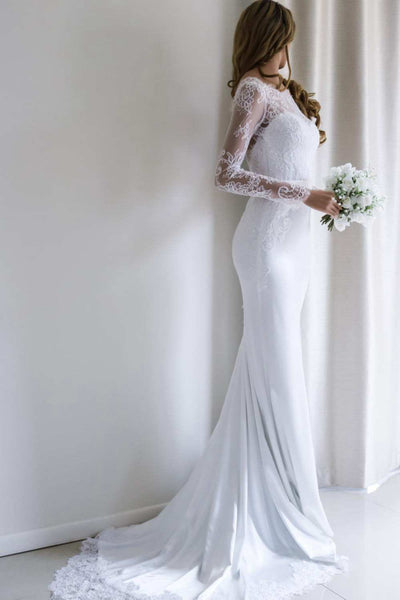 Elegant Bateau Lace Long Sleeve Sheath Wedding Dress With Sweep Train