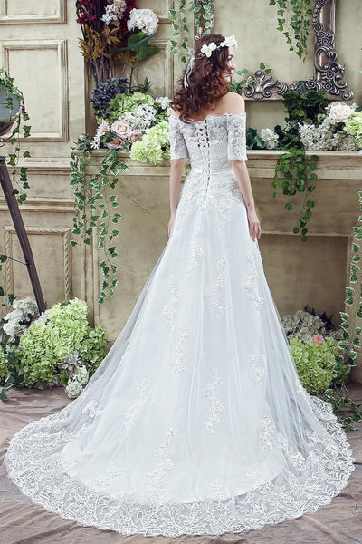 Elegant Off-the-shoulder Lace Appliques Wedding Dress 2018 Bowknot Lace-up