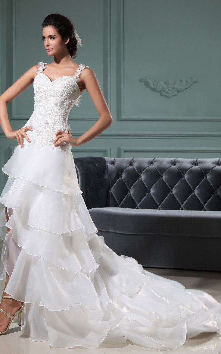 Sweetheart Sleeveless Slited Gown With Spaghetti Straps And Ruffles