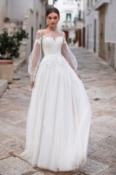 Romantic Bateau Long Sleeve Floor Length Tulle Wedding Dress With Appl ...