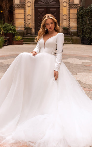 Elegant Ball gown V-neck Satin Chapel Train Wedding Dress with Ruching