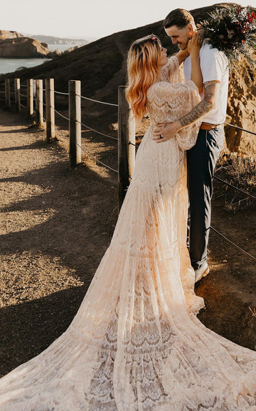 A-Line V-neck Lace Simple Wedding Casual Sexy Bohemian Romantic Adorable Garden With Deep-V Back And Illusion Long Sleeves 