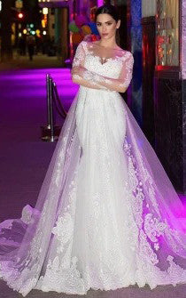 Casual Bateau Long Sleeve Court Train Tulle A Line Wedding Dress with Appliques