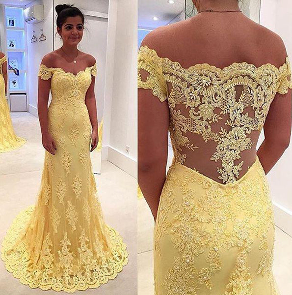 Modern Yellow Lace Appliques Evening Dress 2016 Mermaid Off-the-shoulder