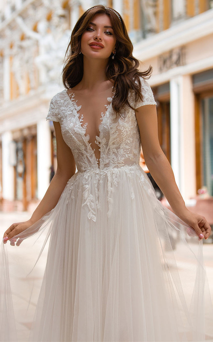 Sexy A Line Plunging Neckline Tulle Sweep Train Wedding Dress with App ...